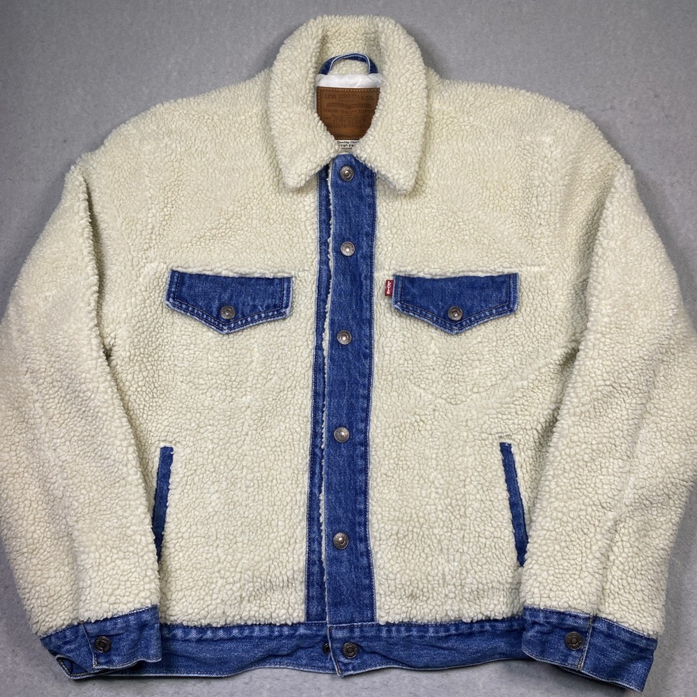 Levi's Ex-Boyfriend Trucker Jacket Women Medium Blue Sherpa Quilt Lined Snap